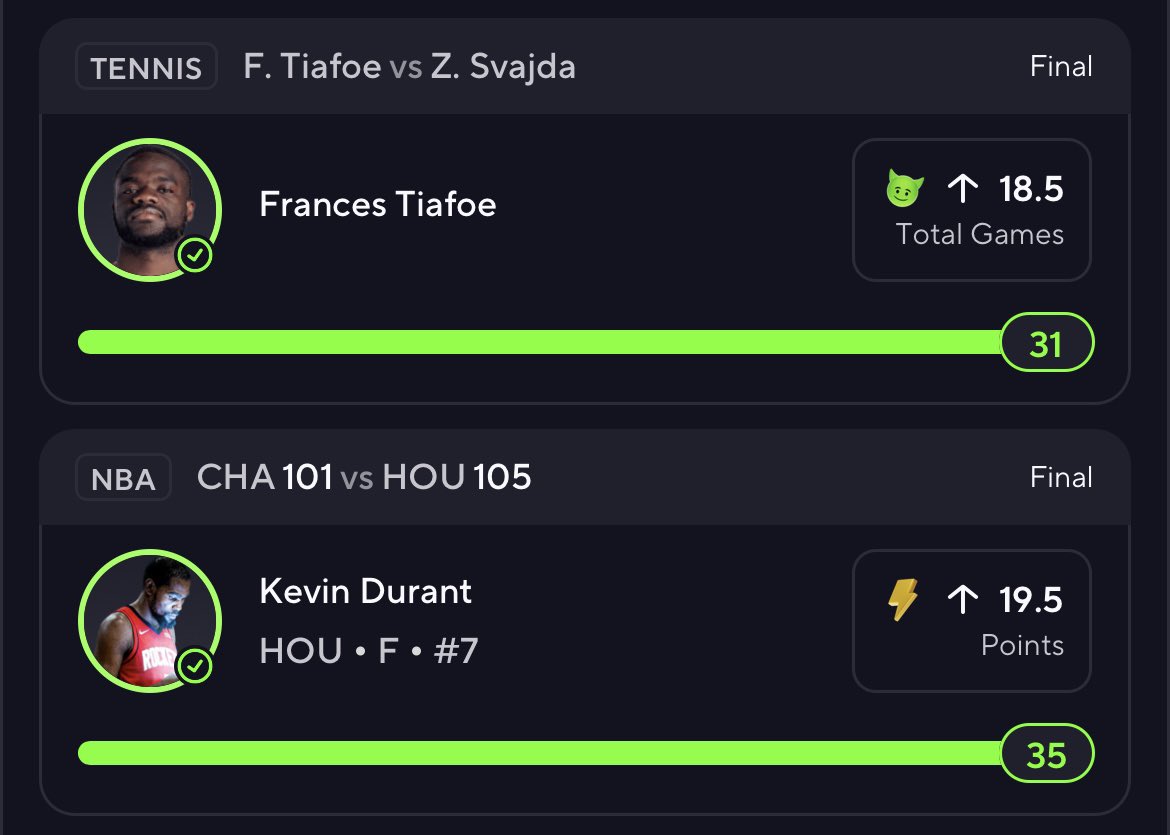 CASH THE KD DISCOUNT PLAY ✅

🎾 Frances Tiafoe O 18.5 games 
🏀 Kevin Durant O 19.5 points

SWEAT FREE CASHES 💫

#Gambling𝕏 #PrizePicks #Betting #TennisPicks #Tennis