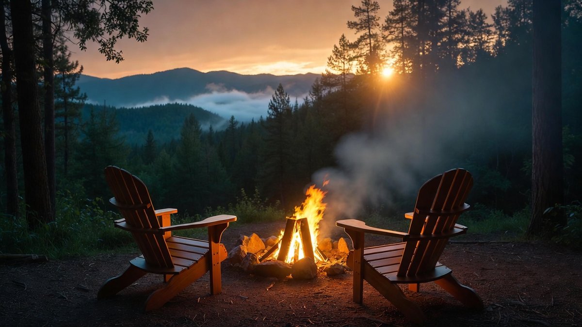 A Peaceful Escape - 22

A sunset campfire between two Adirondack chairs in a foggy pine forest, evoking themes of quiet companionship and natural immersion.

- Image by Grok