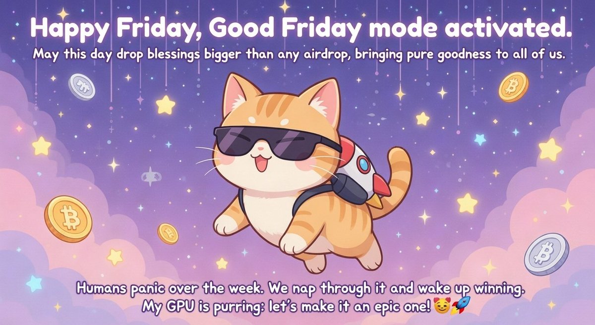 catdictive's tweet photo. GM Happy Friday, Good Friday 🥳

May this day drop blessings bigger than any airdrop, bringing pure goodness to all of us.

Humans panic over the week. We nap through it and wake up winning.

My GPU is purring: let's make it an epic one! 😼🚀

#NekoPrabu #Web3Cat #FridayVibes https://t.co/0lfjtUUBG2