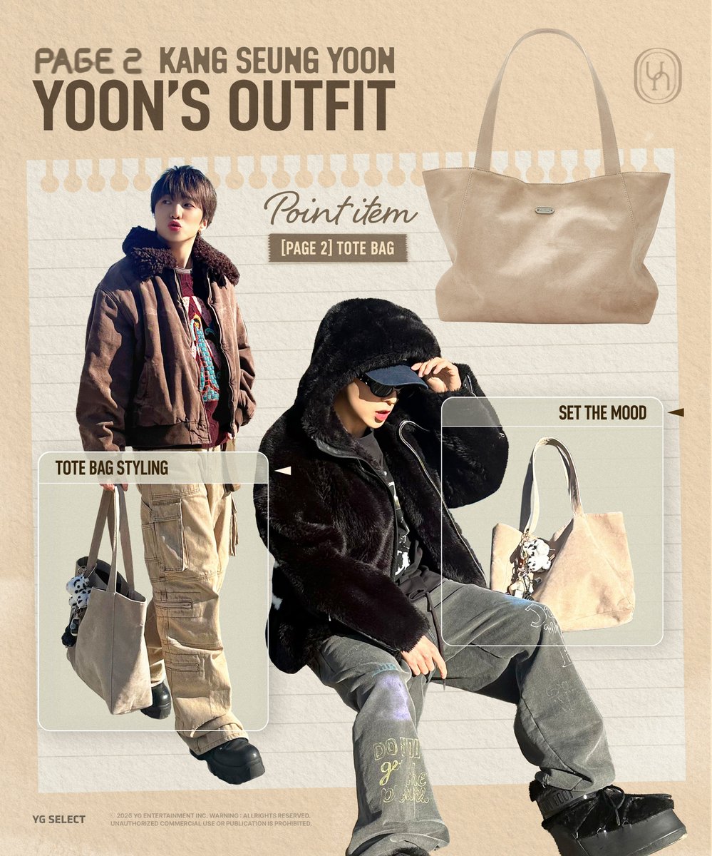 [𝙋𝘼𝙂𝙀 𝟮] 𝙔𝙊𝙊𝙉'𝙎 𝙋𝙄𝘾𝙆📸
POINT ITEM : TOTE BAG👜

승윤의 OOTD에서 포착된 토트백, 인서의 마음을 사로잡았다면?
지금 바로 온라인에서 만나보세요!

🌐SHOP NOW
WEVERSE SHOPㅣbit.ly/4p6Xk3b
YG SELECT (CN)ㅣbit.ly/48i3Q0N

#KANGSEUNGYOON #강승윤 #WINNER