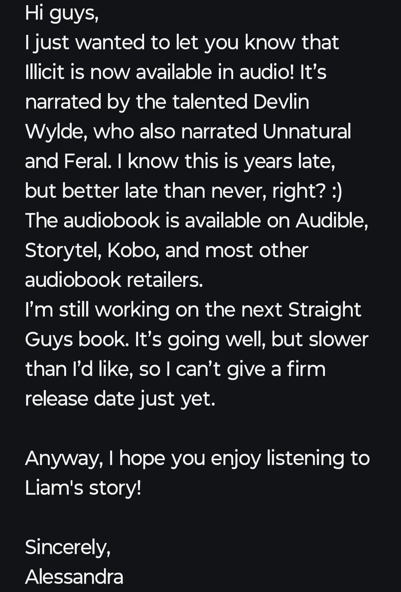 AHazardFANS's tweet photo. 🚨 NEWS from Alessandra via her newsletter!  📬

● ILLICIT is now available in audio!

● Still working on the next Straight Guys book. 

× https://t.co/VaAUR2tooC