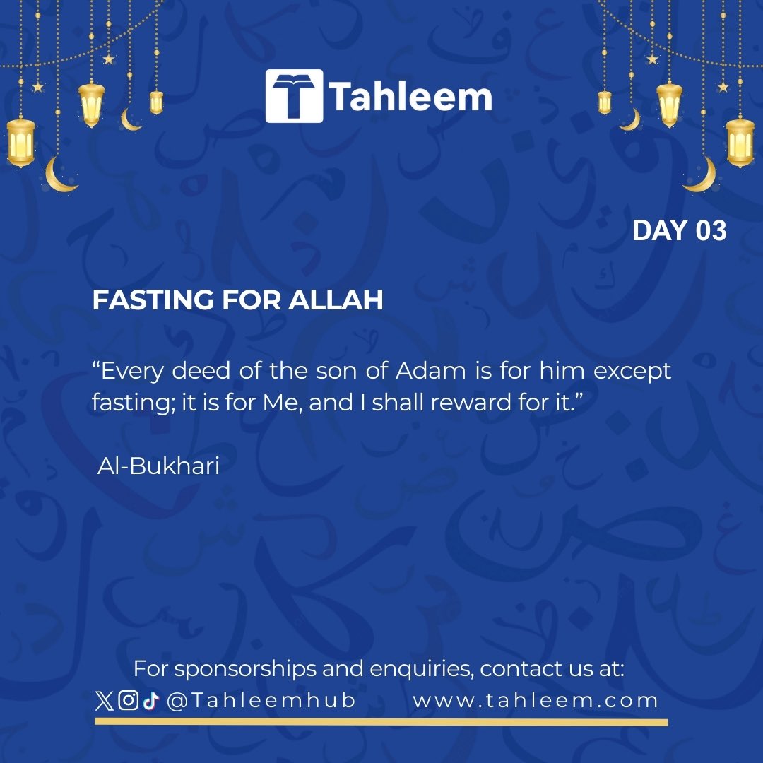 Day 3 — Fasting for Allah

This act is special, Allah Himself promises its reward. 🤲
Fast with sincerity, patience, and love.

#Ramadan #Day03 #Tahleem