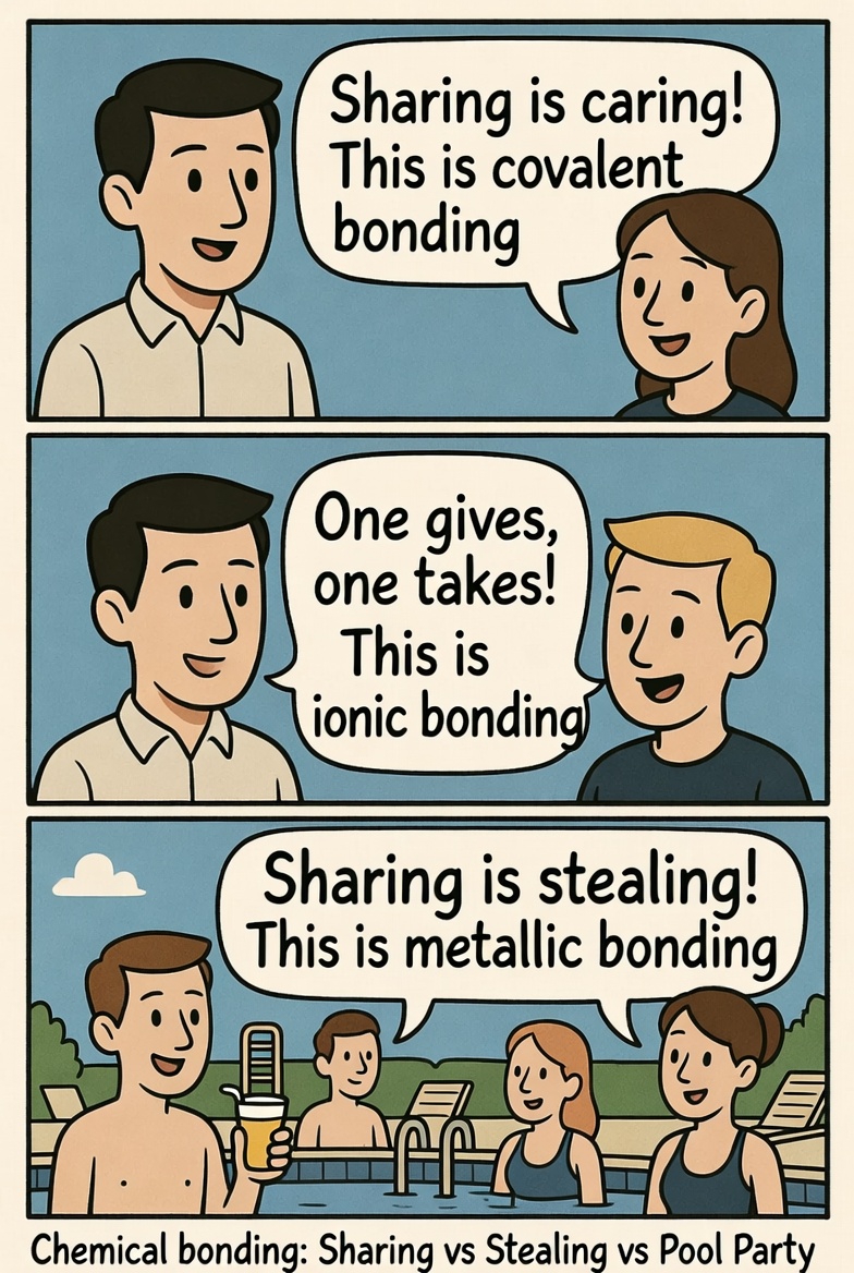 fleaplearning's tweet image. Tutor Hack of the Day: To remember bond types fast—use the 'Sharing vs Stealing vs Pool Party' trick! Covalent: Sharing electrons (best friends)
Ionic: Stealing electrons (greedy ex)
Metallic: Pooling electrons (everyone's invited!) 
Works every time for quick recall. Try it on
