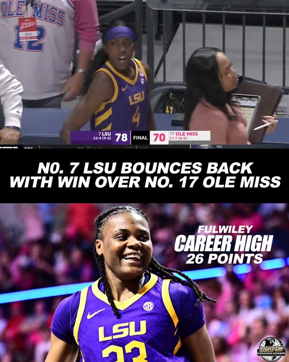 LightOnSports's tweet image. No. 7 LSU erases a 13-point deficit to defeat No. 17 Ole Miss. 🐯

MiLaysia Fulwiley: 26 PTS (Career-High), 7 REB, 3 STL, 2 AST, 2 BLK

Flau'jae Johnson: 18 PTS, 5 REB, 3 AST