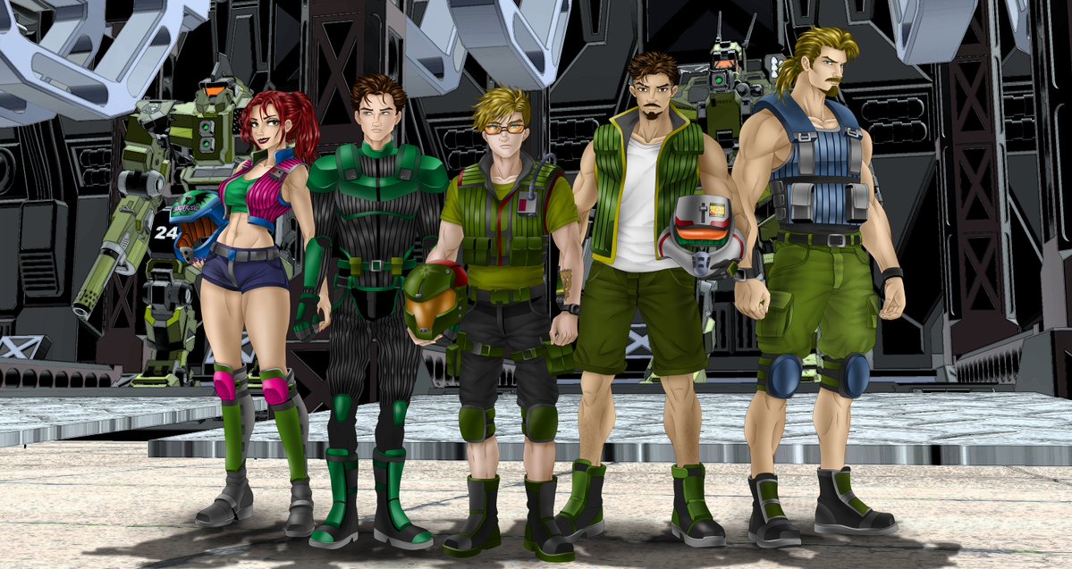 Oswald81288433's tweet image. Rebuilt a better resolution image of our Mechwarrior RPG group. From left to right: Zach's CN-9D, Valeria Kingsley, Gareth Chistu, Ethan Hollister, Zachary Buffington, Hudson's Wolverine 8M, and Hudson Bosch. Three Fedcoms, a wayward Canopian, and a Jade falcon bondsman.