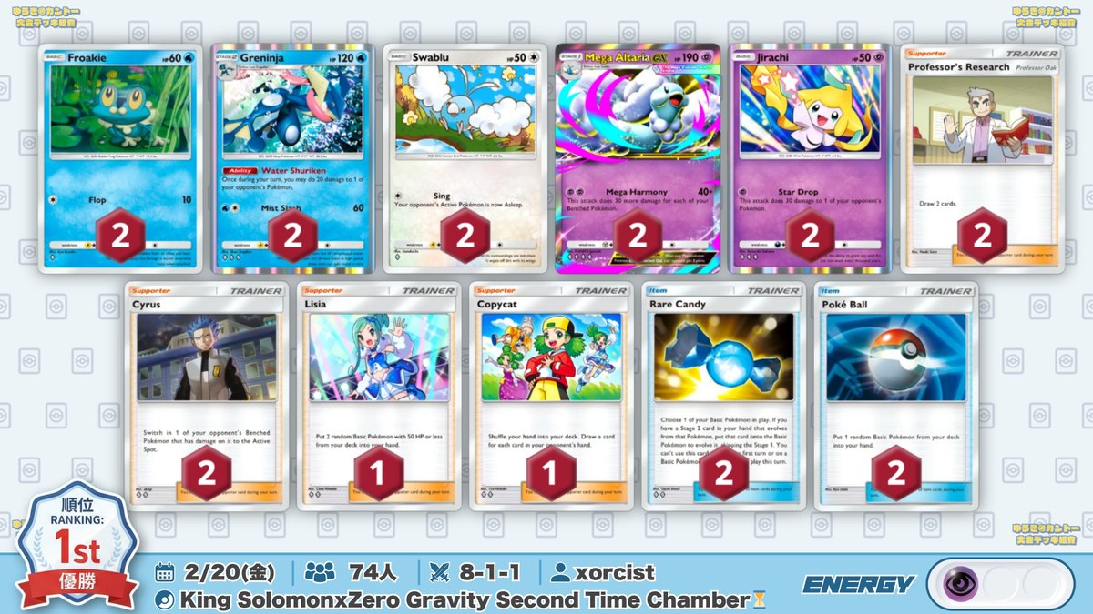 🌏 ポケポケ 大会結果｜2/20(金) 🌏 ゲッコウガ型『メガチルタリス』が