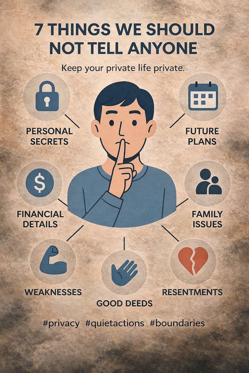 Lifelessonsway's tweet photo. Not everything in your life needs to be shared with the world. Your personal secrets, future plans, financial details, family matters, weaknesses, good deeds, and even your resentments are precious parts of your journey. When you speak less about them, you protect your energy, avoid unnecessary negativity, and stay focused on your goals.
