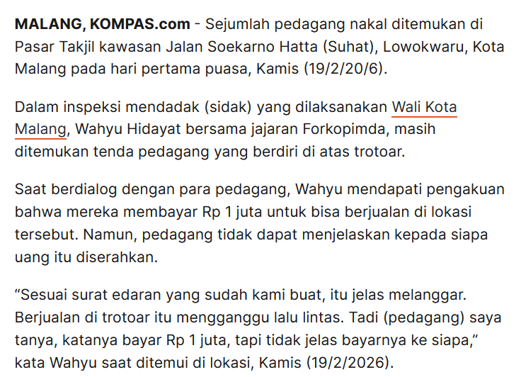 infomalang's tweet photo. Pasar takjil di Suhat yg di trotoar itu ilegal dan ternyata per lapak bayarnya Rp1 juta. Tapi nggak tau itu duitnya masuk ke siapa....

https://t.co/1S7ybDLLrm https://t.co/QgMi4iJWqt