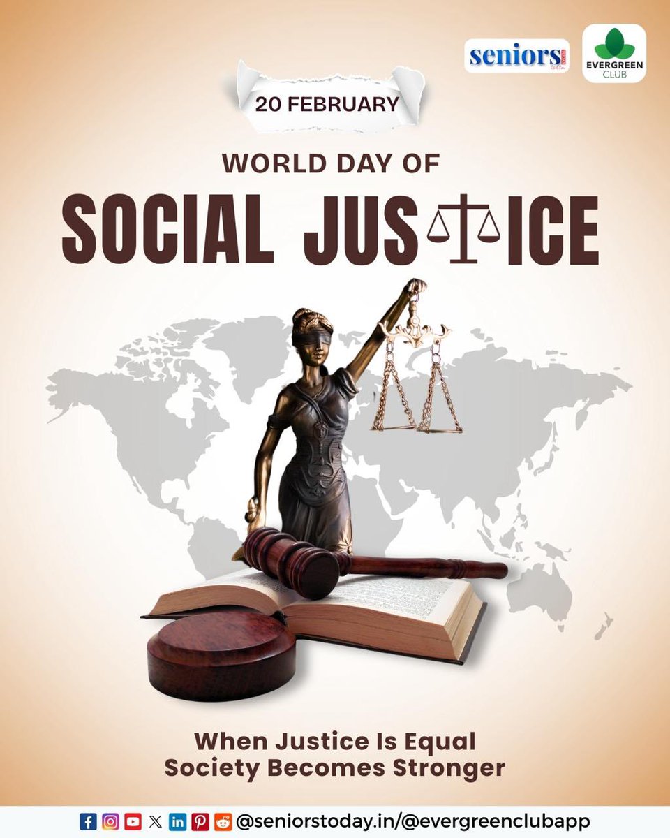 World Day of Social Justice - 20 February

Justice is not merely a principle, it is the foundation of a fair and inclusive society. 🌍⚖️

#worlddayofsocialjustice #socialjustice #equalityforAll #humanrights  #seniorscommunity #seniorstoday #EvergreenClub