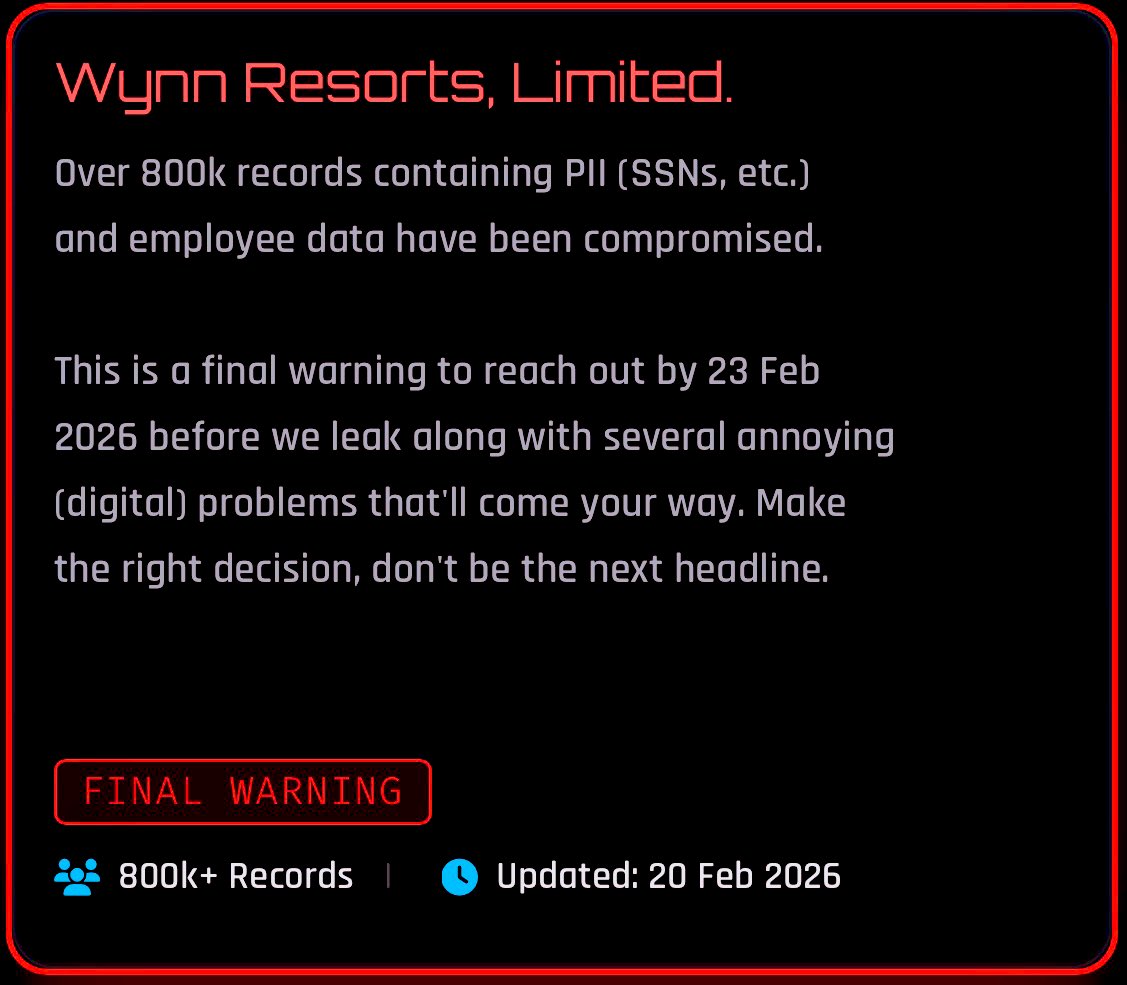 Breaking Las Vegas 

Wynn Resorts has allegedly been breached by ShinyHunters

Over 800K records of personally identifiable information has allegedly been compromised <a href="/WynnLasVegas/">Wynn Las Vegas</a>
