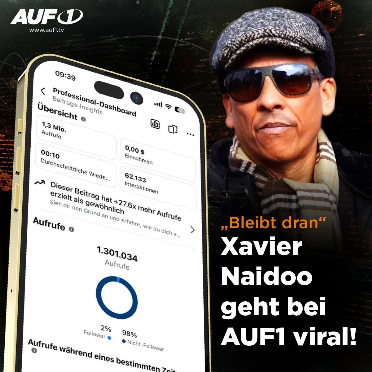 AUF1TV's tweet photo. Millionen Aufrufe:🔥Xavier Naidoo geht bei AUF1 viral

Der Appell des Mut-Musikers Xavier Naidoo an die AUF1-Zuseher geht viral. Allein auf dem Facebook-Kanal von AUF1 hat das kurze Video bereits über 1,3 Millionen Aufrufe erzielt. „Bleibt dran“, sagte Naidoo direkt in die Kamera unseres Reporters Roy Grassmann – mit Blick auf das System Epstein.

🔥Hier sehen und hören Sie den Appell von Xavier Naidoo auf dem AUF1-Facebook-Kanal: https://t.co/zzcrmTaS3L

Falls Sie uns dort noch nicht folgen, holen Sie das gleich nach.😉