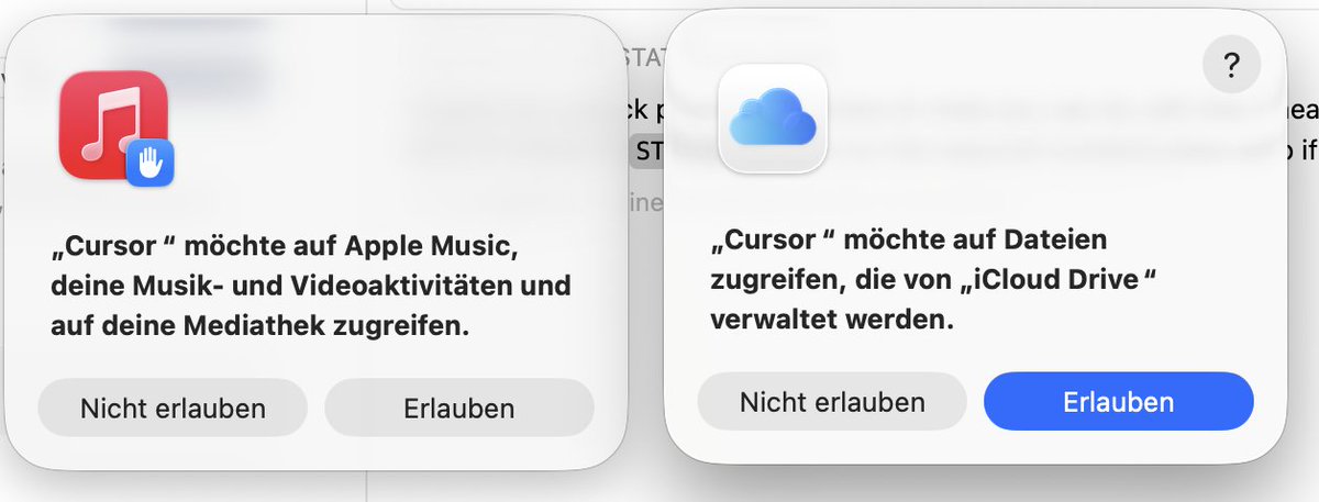 christophby's tweet photo. WTF @cursor_ai wants to access everything since the last update?! Apple Music, iCloud Drive, Documents/Desktop folder etc https://t.co/eDlXavg0jI