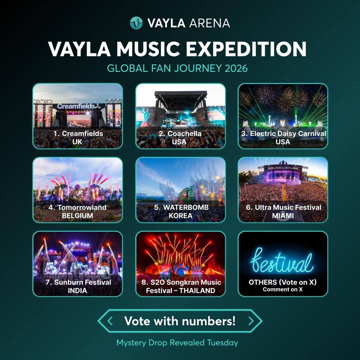 ✈️ VAYLA MUSIC EXPEDITION: Where is your next destination?

Imagine you have a free ticket to one of these legendary festivals. 🎫

[How to Participate]
1️⃣Check the 9+ teams in the image  
📷Comment your NUMBER 

Which TOP 2 would you choose for your ultimate music trip? #VAYLA