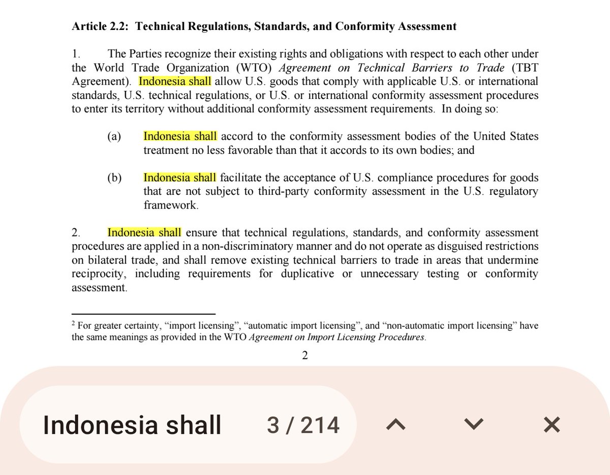 txtdaritaxpayer's tweet image. Coba deh lu cek agreementnya, lu akan tau kewajibannya lebih banyak ngatur siapa. Ada:
&amp;gt;214 frasa "Indonesia shall"
&amp;gt;dan hanya 9 frasa "United States shall"

🙂‍↔️🙂‍↔️🙂‍↔️ 

silahkan cek sendiri:
ustr.gov/sites/default/…