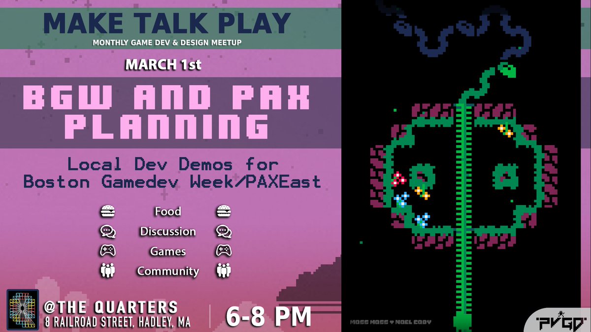 thepvgd's tweet photo. Hello!
Western Massachusetts developers are gathering for Boston Gamedev Week and PAXEast, playing some games, making plans, and finishing demos.
Come join us for cheeseburgers and software bugs; same bit-time, same bit-channel!
#gamedev, #indiegames, #interactivemedia, https://t.co/0imsugB2sm
