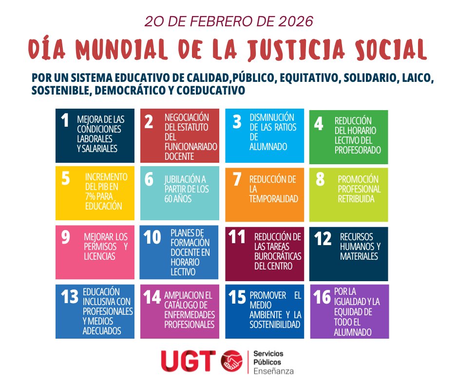 Nuestro Decálogo por la Justicia Social contiene los puntos clave de nuestra labor en  mesas de negociación y centros educativos.

Recoge las demandas estructurales necesarias para que el derecho a la educación de calidad sea universal y efectivo.
 
▶️ugt-sp.es/ensenanza-de-u…