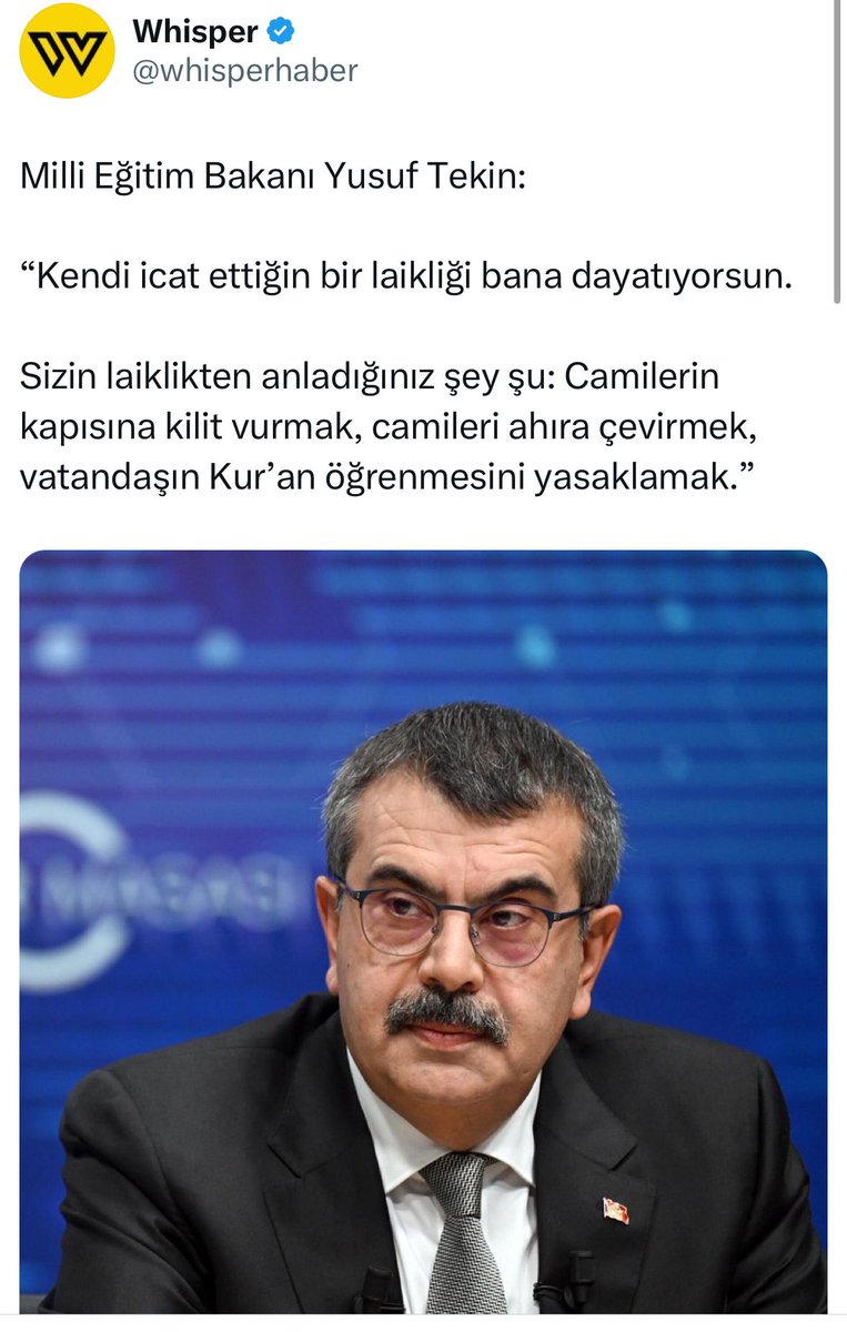 Yusuf Tekin 
bakan olurken 
"Laikliği koruyacağına,
Atatürk ilkelerine bağlı kalacağına namusum ve şerefim üzerine yemin ederim"demişti.

Kendisine sormak isterim :

🔴Laik Cumhuriyetin meclisinde ettiğiniz yeminin sizin için bir önemi yok mu ?

🔴Laik Cumhuriyeti