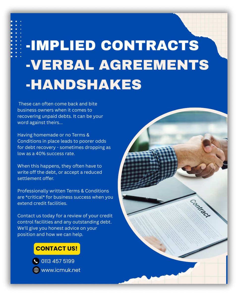 😬| Implied contracts – a handshake or verbal agreement – can often come back and bite business owners when it comes to recovering unpaid debts. It can be your word against theirs…

Visit icmmuk.net or call one of our team on 0113 457 5199 today