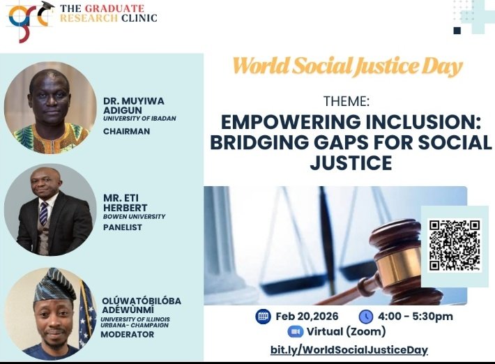 researchclinic1's tweet photo. Today is World Social Justice Day.
Join us at the GRC as we discuss how to advance social justice and foster inclusive development in Nigeria
🔗 https://t.co/TPDFveE2q5
🕔4 PM WAT
#InclusionMatters #BridgingGaps #GRC4Impact #WorldSocialJusticeDay
#WhereAcademicsMeetImpact https://t.co/HI1HiRdY6C
