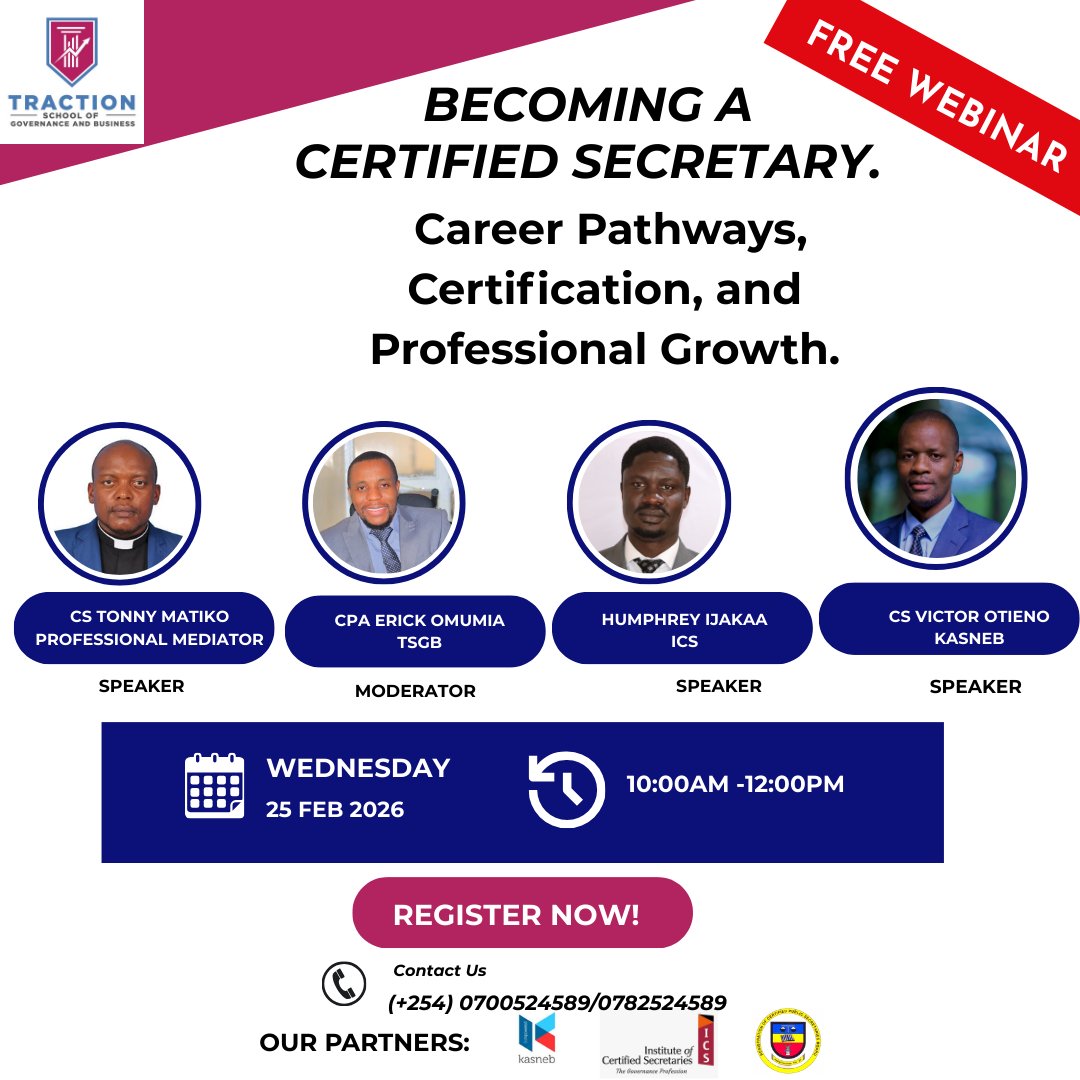 Have you registered yet? 👀 Our FREE CS webinar is around the corner — and you don’t want to miss this opportunity to gain clarity on your Certified Secretary journey.  📷 25th Feb 2026 | 10AM–12PM 📷forms.gle/YxPjutKP72JCuY…\

<a href="/KASNEBOfficial/">KasnebOfficial</a> 
<a href="/ICS_Kenya/">Institute of Certified Secretaries</a> 

#tsgb