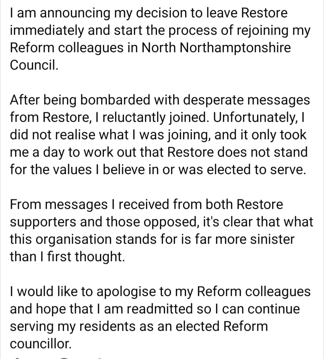 elliehodges62's tweet image. 🚨 North Northamptonshire councillor Darren Rance has resigned from Restore just two days after joining from Reform UK.

In a Facebook post, he said he had concerns about what he described as the “sinister” nature of the organisation, alleging Restore had been “bombarding” Reform