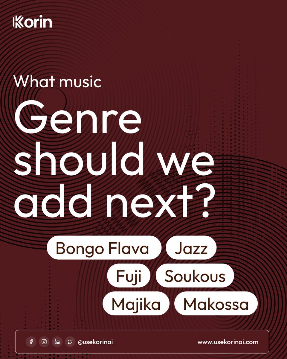 usekorinai's tweet image. The Korin playlist is growing! 🎵

Which genre should we drop next?

If your favorite isn't listed, reply with your request. 

#Korin #AfricanMusic #MusicPoll #FridayVibes