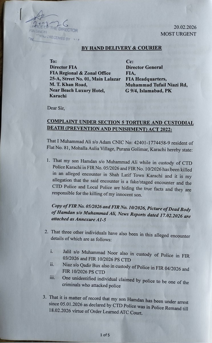 Muhammad Ali the father of Hamdan who was killed in an encounter on 17th Feb while in custody of CTD Karachi has moved an application with Director FIA Karachi Zone, DG FIA and NCHR to investigate the death under the Torture and Custodial Death (Prevention and Punishment) Act