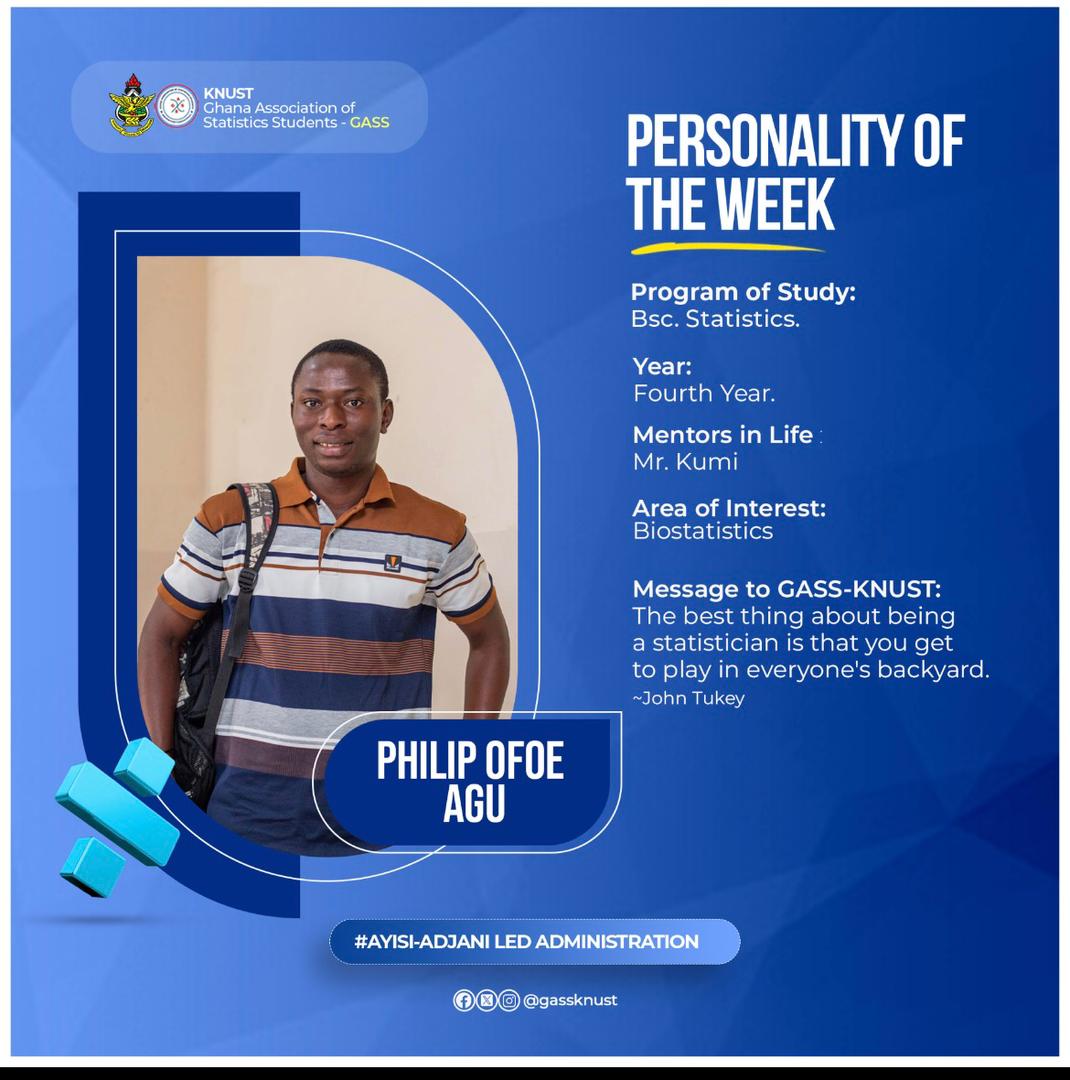 gass_knust's tweet image. #PersonalityOfTheWeek: Master Philip!

"The best thing about being a statistician is that you get to play in everyone’s backyard." —John Tukey 

A 4th-year student passionate about Biostatistics. We celebrate your excellence and dedication, Mr. Philip!

#GASSKNUST  #Biostatistics