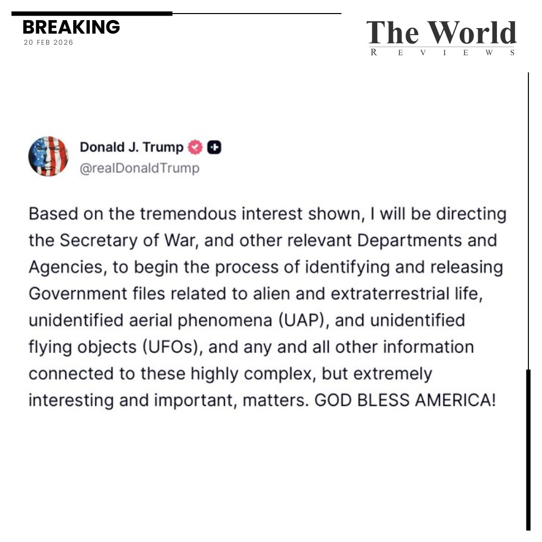 tworldreviews's tweet image. President Donald J. Trump announces plans to direct the Secretary of War and federal agencies to begin identifying and releasing government files related to alien life, UAPs, and UFOs. Transparency push begins. #BreakingNews #Trump #UFOFiles #UAP #Disclosure #AlienLife