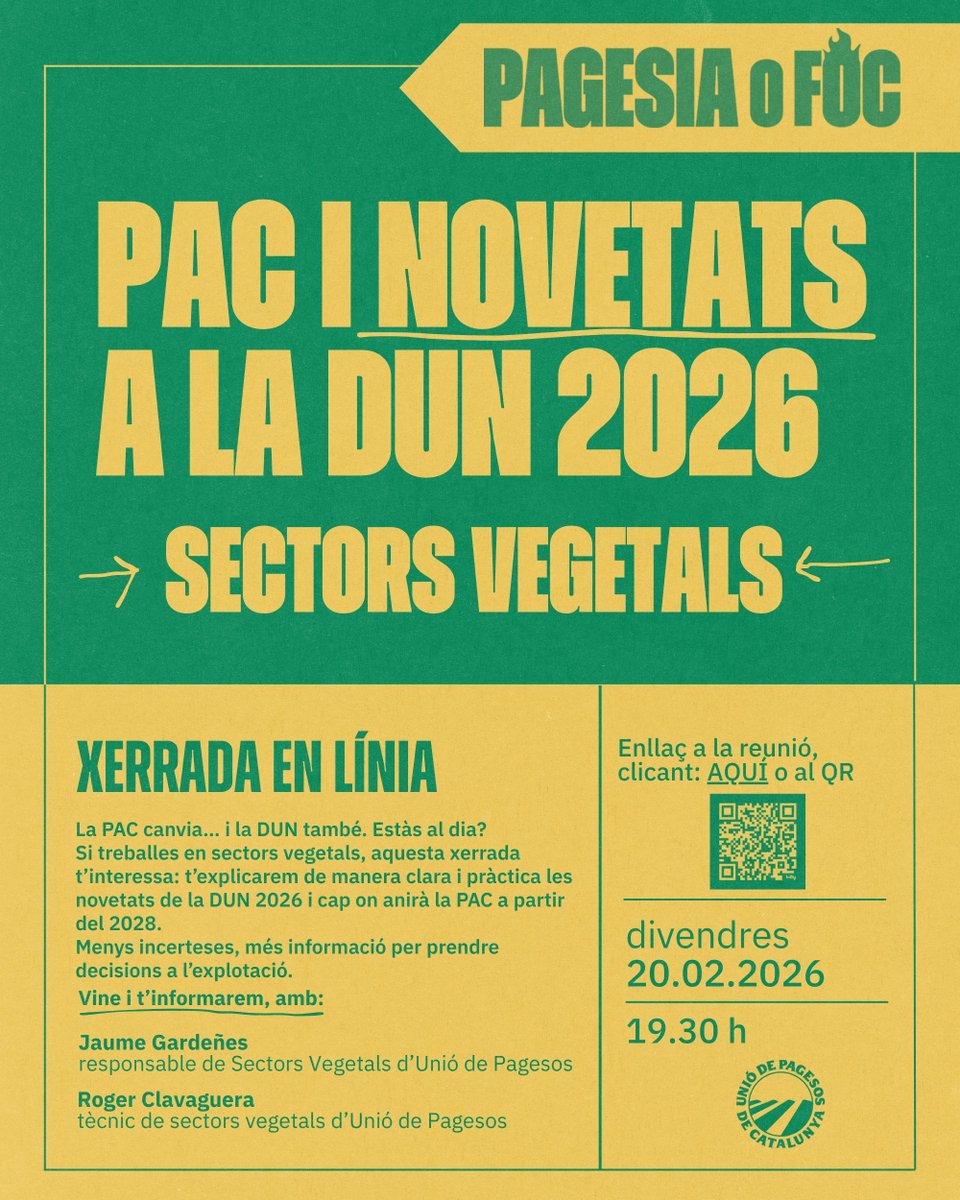 📅 T’expliquem de manera clara i pràctica les novetats de la DUN 2026 i cap on anirà la PAC a partir del 2028.  

💡Menys incerteses, més informació per prendre decisions a l’explotació.  

🔗us02web.zoom.us/j/82910092084