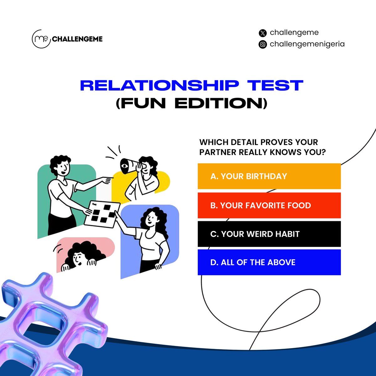 Relationship test… but make it fun 😉💖
Which detail proves your partner *really* knows you?

A. Your birthday 🎂
B. Your favorite food 🍕
C. All of the above 😍
Drop your answer in the comments 👇

#RelationshipTest #LoveCheck #CoupleChallenge #TagYourPartner 💕