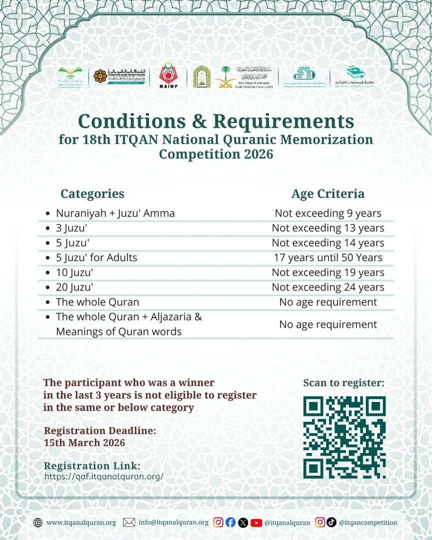 itqanalquran's tweet photo. 𝐂𝐨𝐧𝐝𝐢𝐭𝐢𝐨𝐧 𝐚𝐧𝐝 𝐑𝐞𝐪𝐮𝐢𝐫𝐞𝐦𝐞𝐧𝐭𝐬 𝐨𝐟 𝟏𝟖𝐭𝐡 𝐈𝐓𝐐𝐀𝐍 𝐍𝐚𝐭��𝐨𝐧𝐚𝐥 𝐐𝐮𝐫𝐚𝐧𝐢𝐜 𝐌𝐞𝐦𝐨𝐫𝐢𝐳𝐚𝐭𝐢𝐨𝐧 𝐂𝐨𝐦𝐩𝐞𝐭𝐢𝐭𝐢𝐨𝐧 𝟐𝟎𝟐𝟔𝐌/𝟏𝟒𝟒𝟕𝐇 

📅 𝐑𝐞𝐠𝐢𝐬𝐭𝐫𝐚𝐭𝐢𝐨𝐧 𝐃𝐞𝐚𝐝𝐥𝐢𝐧𝐞: 
15th March 2026 https://t.co/1VtoJxOuou