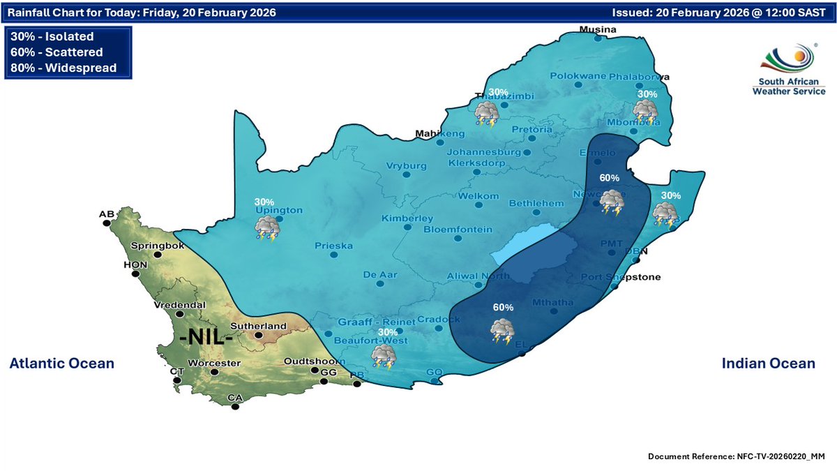 SAWeatherServic's tweet image. Weather forecast for today and tomorrow, 20-21 February 2026:
Partly cloudy and warm to hot with isolated to scattered showers and thundershowers⚠️ Severe Thunderstorms
#saws #SAWeather #weatheroutlook