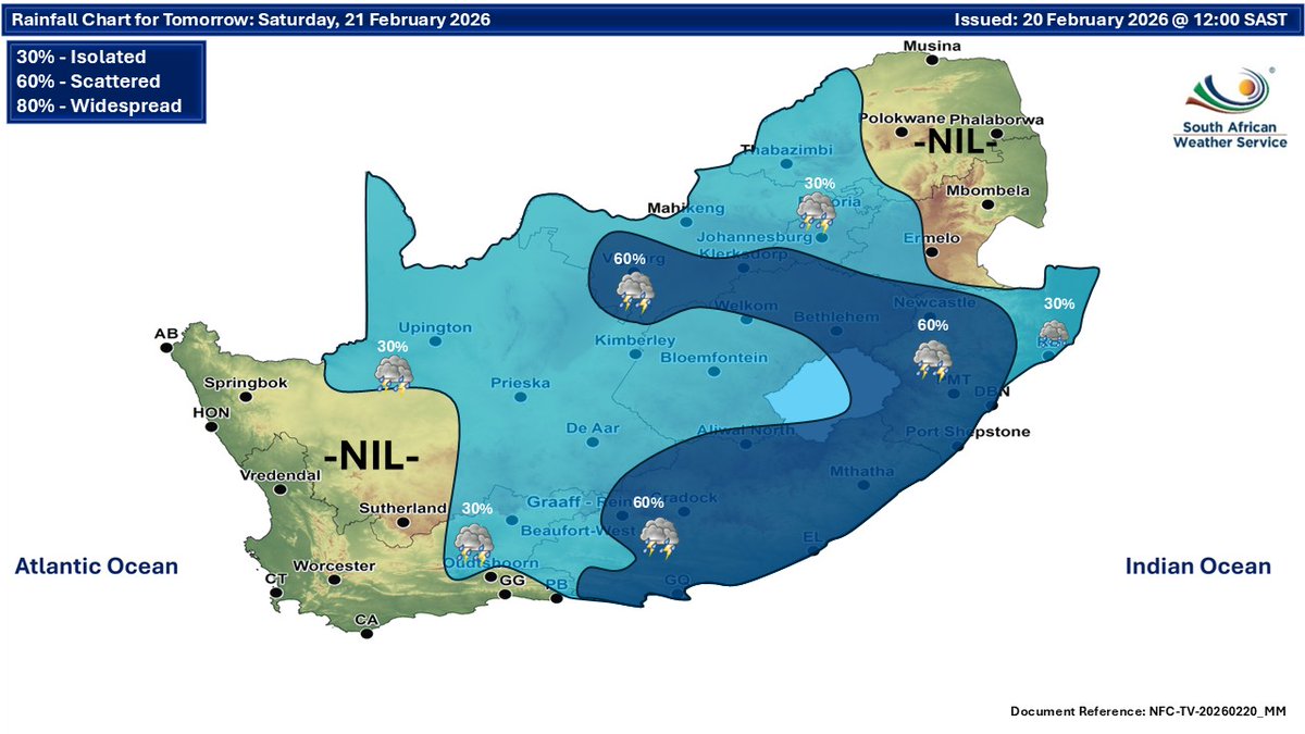 SAWeatherServic's tweet image. Weather forecast for today and tomorrow, 20-21 February 2026:
Partly cloudy and warm to hot with isolated to scattered showers and thundershowers⚠️ Severe Thunderstorms
#saws #SAWeather #weatheroutlook