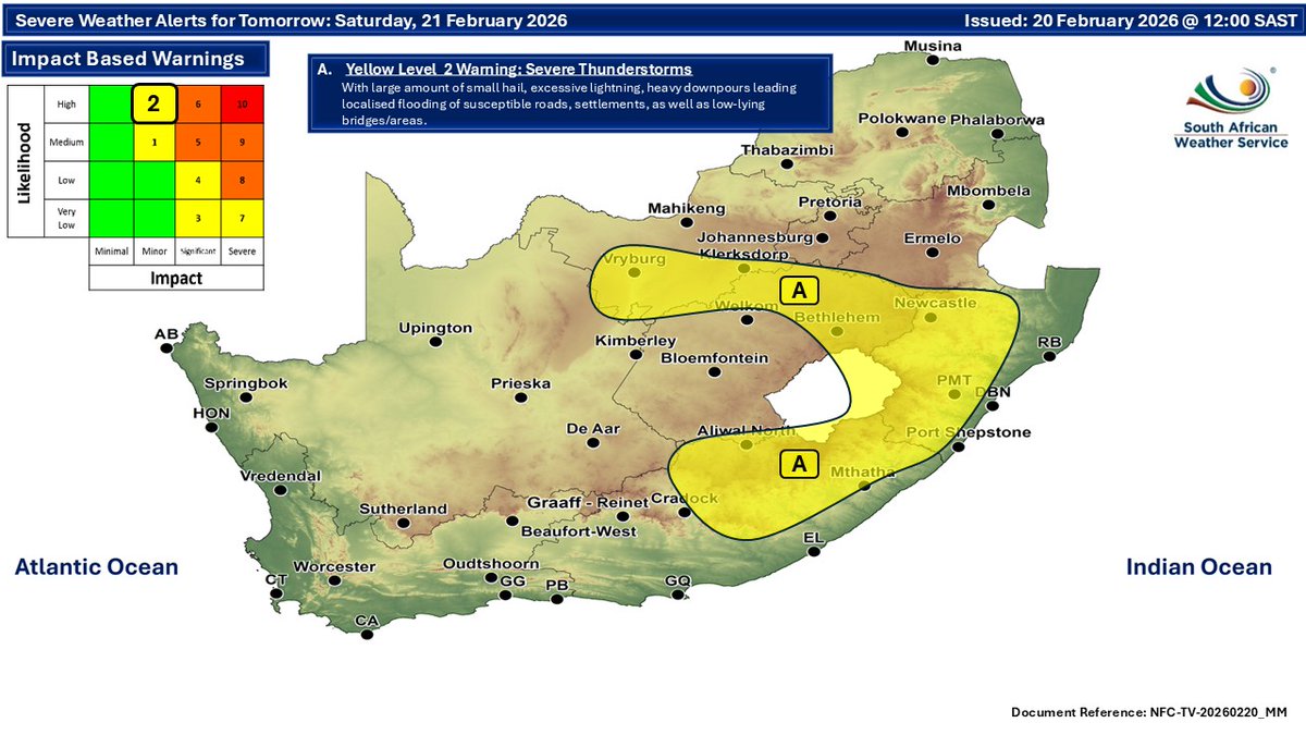 SAWeatherServic's tweet image. Weather forecast for today and tomorrow, 20-21 February 2026:
Partly cloudy and warm to hot with isolated to scattered showers and thundershowers⚠️ Severe Thunderstorms
#saws #SAWeather #weatheroutlook