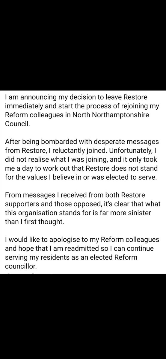 BStrut16574's tweet image. North Northamptonshire councillor Darren Rance has resigned from Restore just two days after joining and will now seek to join Reform UK. 

He cites a deeply sinister side to Restore Britain.