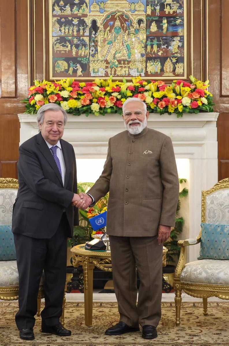 narendramodi's tweet image. During the meeting with Mr. António Guterres, Secretary General of the United Nations, we talked about making AI all inclusive and how the UN can play a constructive role in this regard. Reiterated India's support towards any effort aimed at harnessing AI for a better planet. We