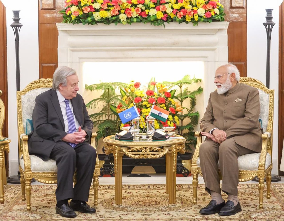 narendramodi's tweet image. During the meeting with Mr. António Guterres, Secretary General of the United Nations, we talked about making AI all inclusive and how the UN can play a constructive role in this regard. Reiterated India's support towards any effort aimed at harnessing AI for a better planet. We
