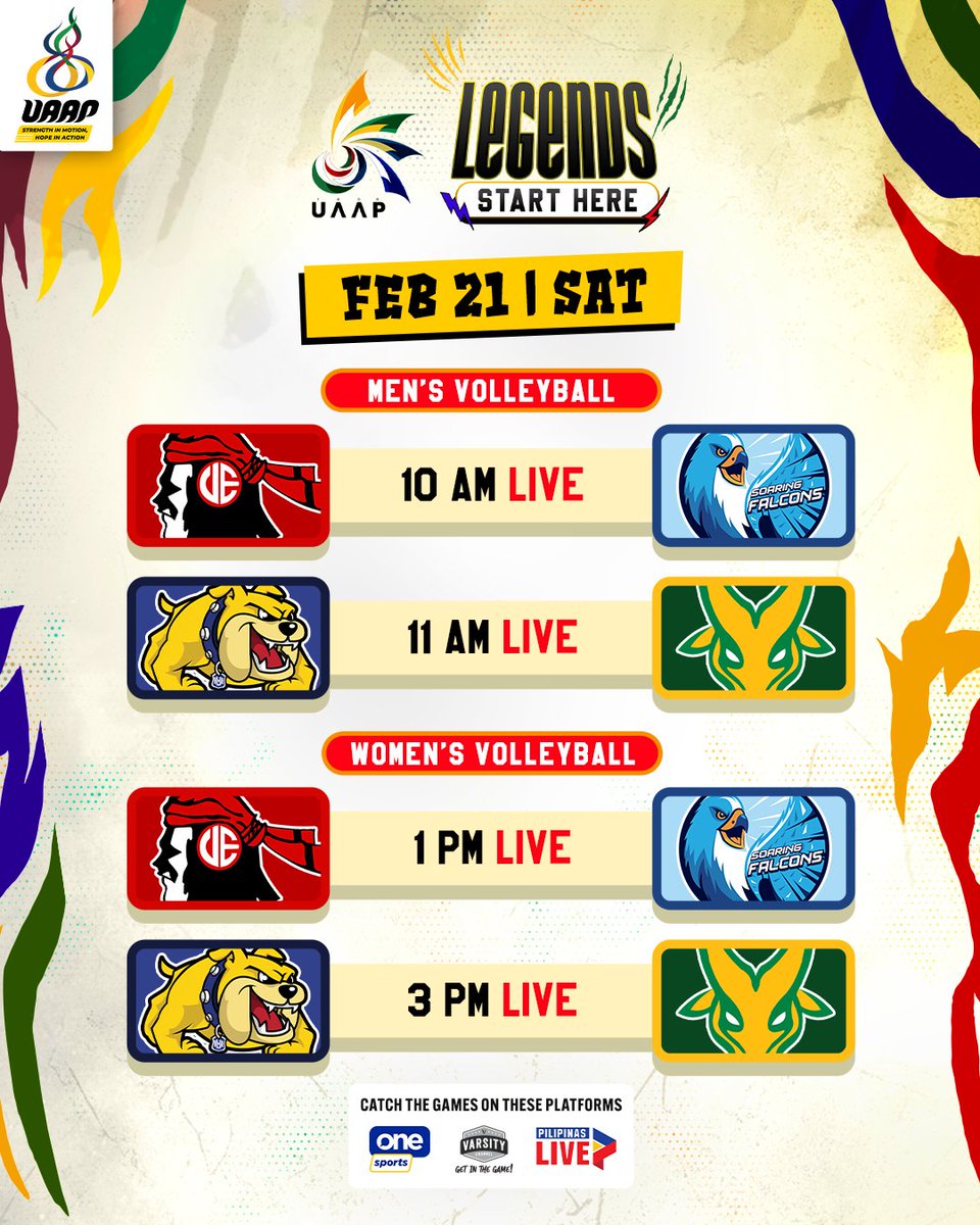 WEEKEND VOLLEY WARS 🏐

Start your weekend right this Saturday with a quadruple-header in the #UAAPSeason88 men’s and women’s volleyball tournaments, LIVE starting at 10:00 a.m. on One Sports, UAAP Varsity Channel, and the Pilipinas LIVE app.

#LegendsStartHere