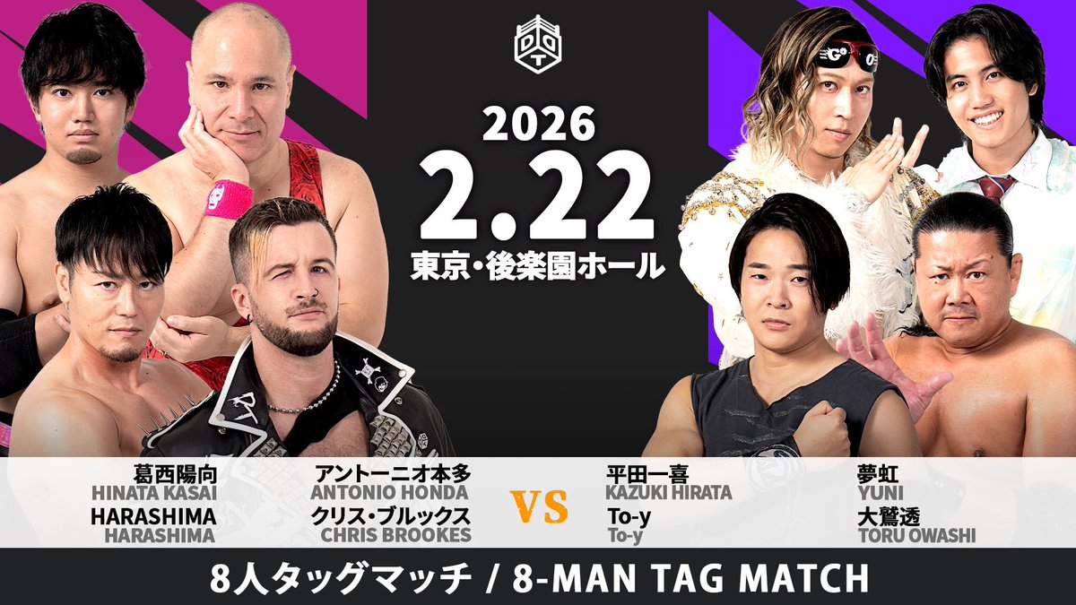 📢2・22 後楽園大会 全対戦カード‼️ 

⚔️第二試合⚔️

<a href="/OBEYBrookes/">Chris Brookes クリス・ブルックス</a> <a href="/HARASHIMA_DDT/">HARASHIMA</a> <a href="/romacittaaperta/">アントーニオ本多AntonioHonda</a> <a href="/Hinata_ddtpro/">葛西陽向/Hinata Kasai</a> vs <a href="/toy_ddt_k/">To-y🪵</a> <a href="/owashi_toru/">大鷲透</a> <a href="/parakissk/">平田 一喜 Kazuki Hirata</a> <a href="/unico28ddt/">夢虹 Yuni</a> 
 
︎︎︎︎☑︎直前情報
ddtpro.jp/news/6997ee491…
☑︎全席完売‼️
#ddtpro