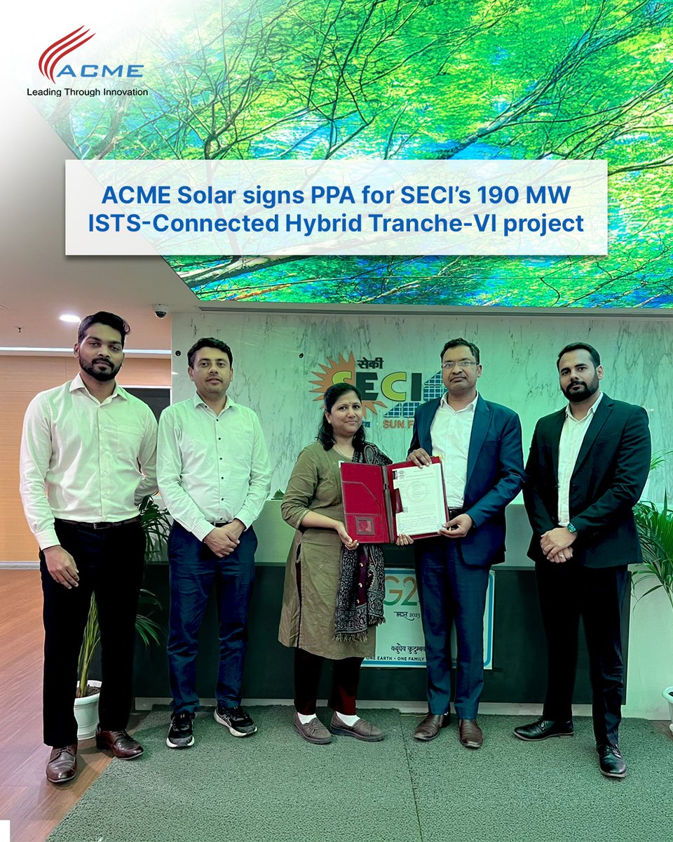 ACME Solar, through its subsidiary ACME Urja One, has signed a 25-year PPA with SECI for a 190 MW wind–solar hybrid project with assured peak power, part of a 380 MW capacity. With a 50% minimum CUF and 80% daily peak obligation, the project is fully connected,