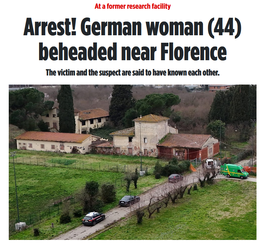 A German woman has been found beheaded in Italy.

A homeless North African migrant has been arrested.

He already had a criminal record for drug offenses, but remained in the country.