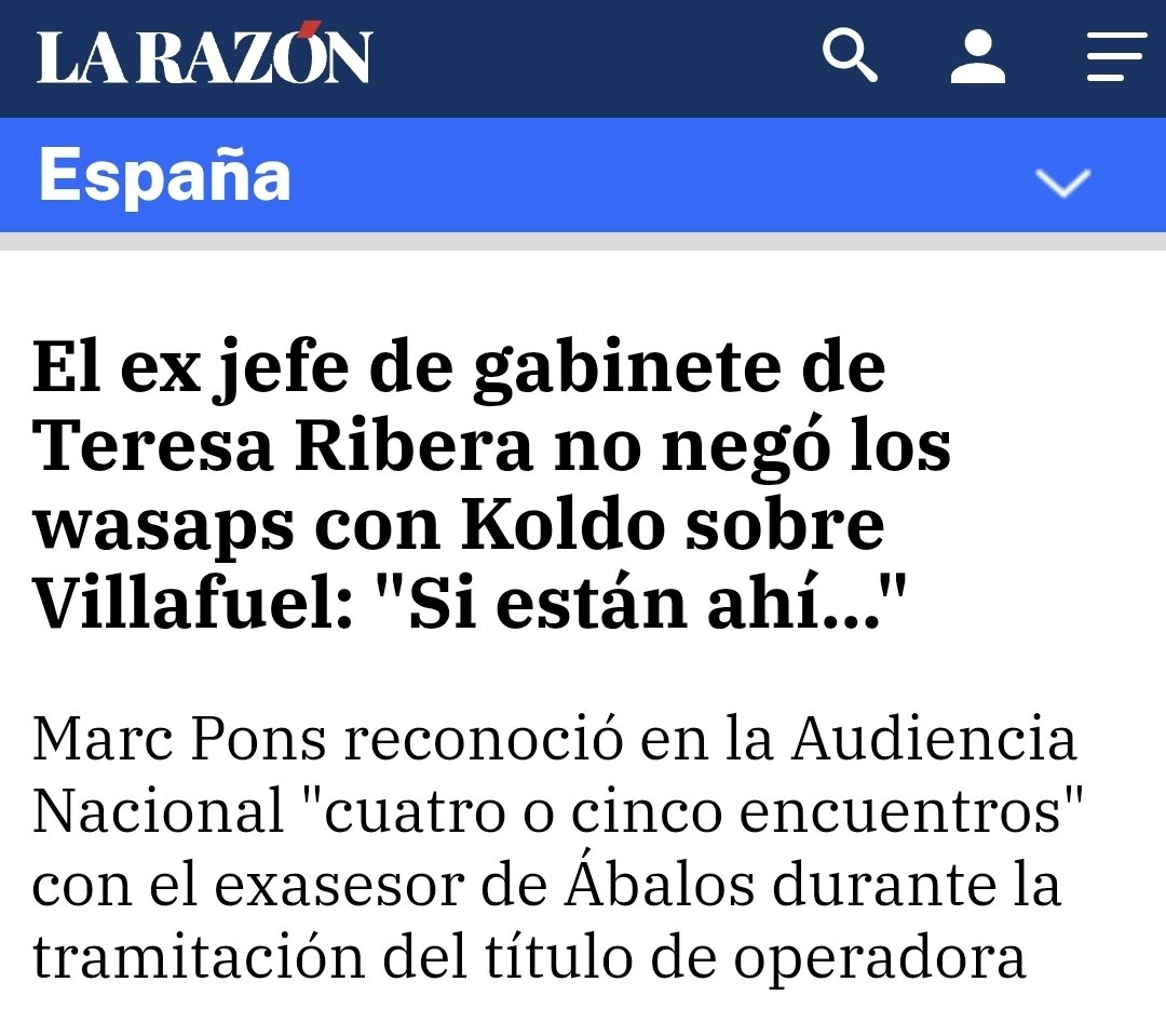 MEGACORRUPCIÓN DEL GOBIERNO: CASO HIDROCARBUROS 

📢 SIGUEN CANTANDO RIBERA

🤯🤯 El ex jefe de gabinete de Teresa Ribera no negó los wasaps con Koldo sobre Villafuel: "Si están ahí...".

Marc Pons reconoció en la Audiencia Nacional "cuatro o cinco encuentros" con Koldo durante