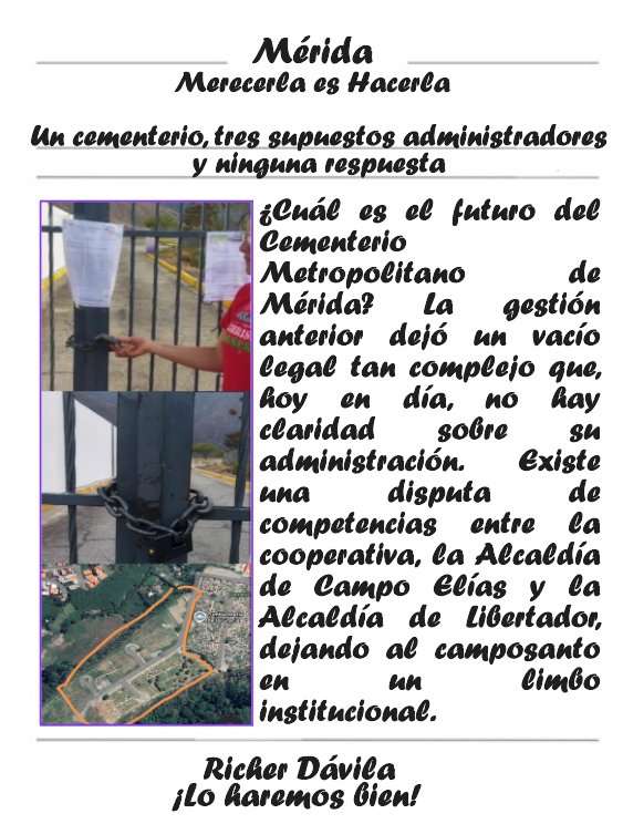 ¿Quién manda realmente en el Cementerio Metropolitano de Mérida? La gestión anterior dejó una "ensalada jurídica" que hoy tiene al recinto en el limbo. ¿Es la cooperativa, la Alcaldía de Campo Elías o la de Libertador? Urge claridad administrativa. 🏛️⚠️ #Mérida #GestiónPública