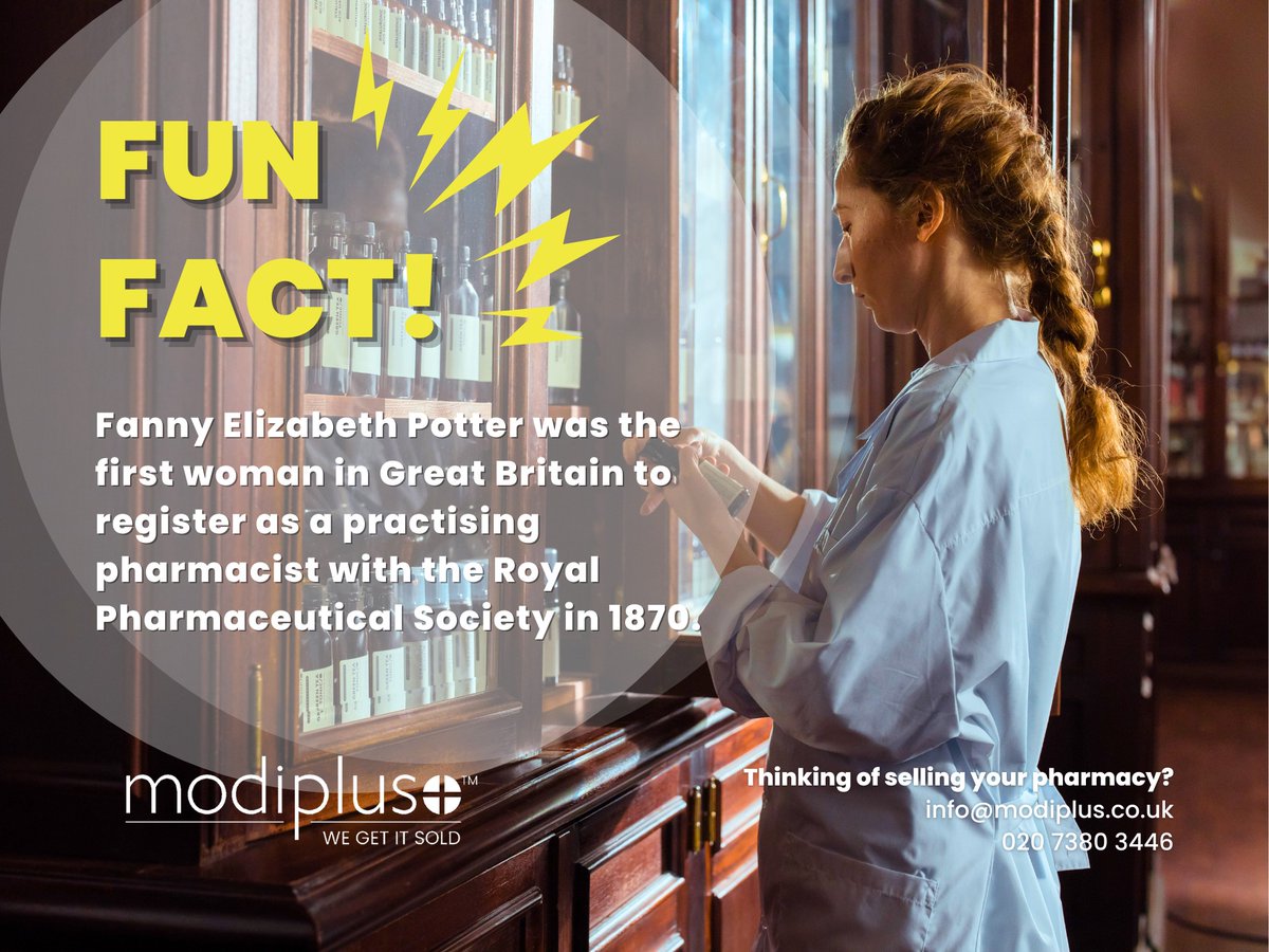 modiplus's tweet image. ⚕️ Friday Pharmacy Fun Fact!

Ms Potter became the first woman to qualify as a pharmacist after the Pharmacy Act of 1868.

Thinking of buying or selling a pharmacy? Contact us by email: info@modiplus.co.uk or telephone: 020 7380 3446

#Modiplus #WeGetItSold #CommunityPharmacy