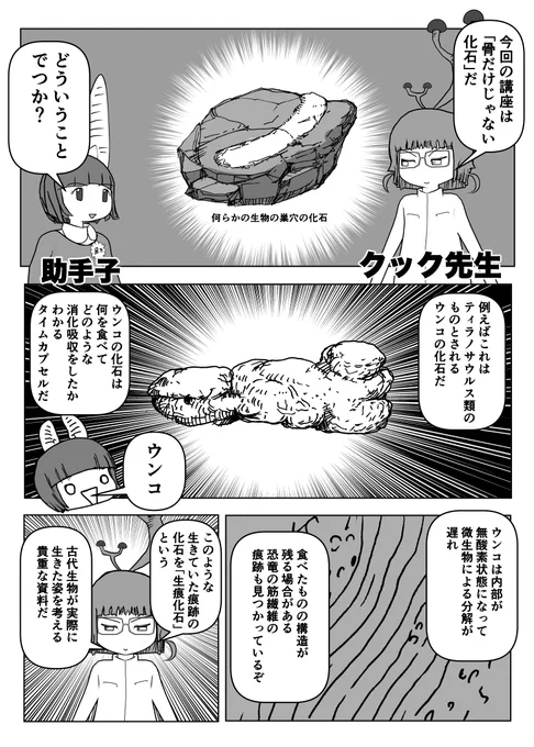 #クック先生の動物講座 新作は現在製作中なので再掲シリーズ「骨だけじゃない化石」1/2 。  #漫画が読めるハッシュタグ #マンガが読めるハッシュタグ 