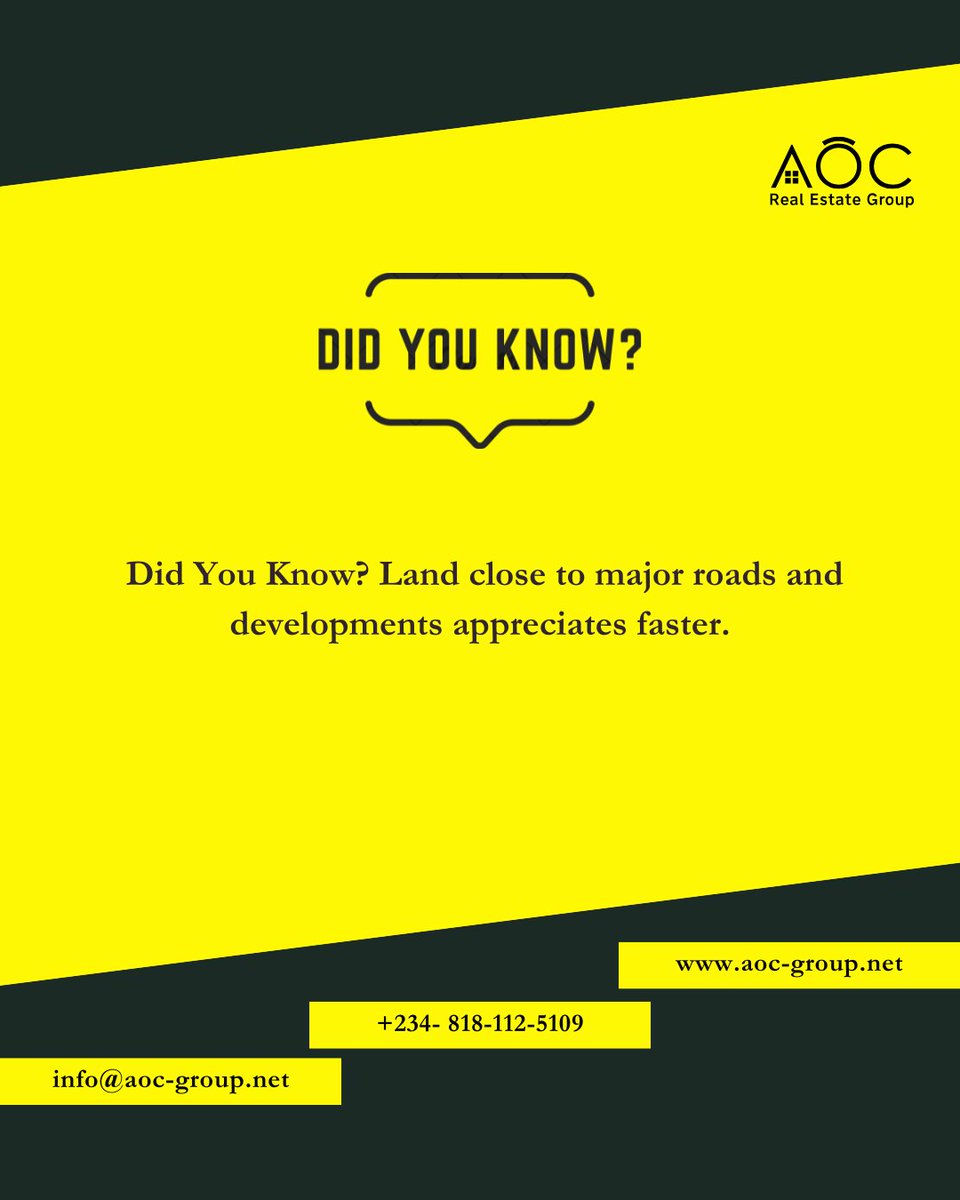 aocregroup's tweet image. DID YOU KNOW? 
Land close to major roads and new developments tends to appreciate faster 
Location isn’t just important, it’s everything.

#DidYouKnow #LocationMatters #LandInvestment #RealEstateTips #PropertyInvestment #RealEstateNigeria #SmartInvesting #WealthBuilding