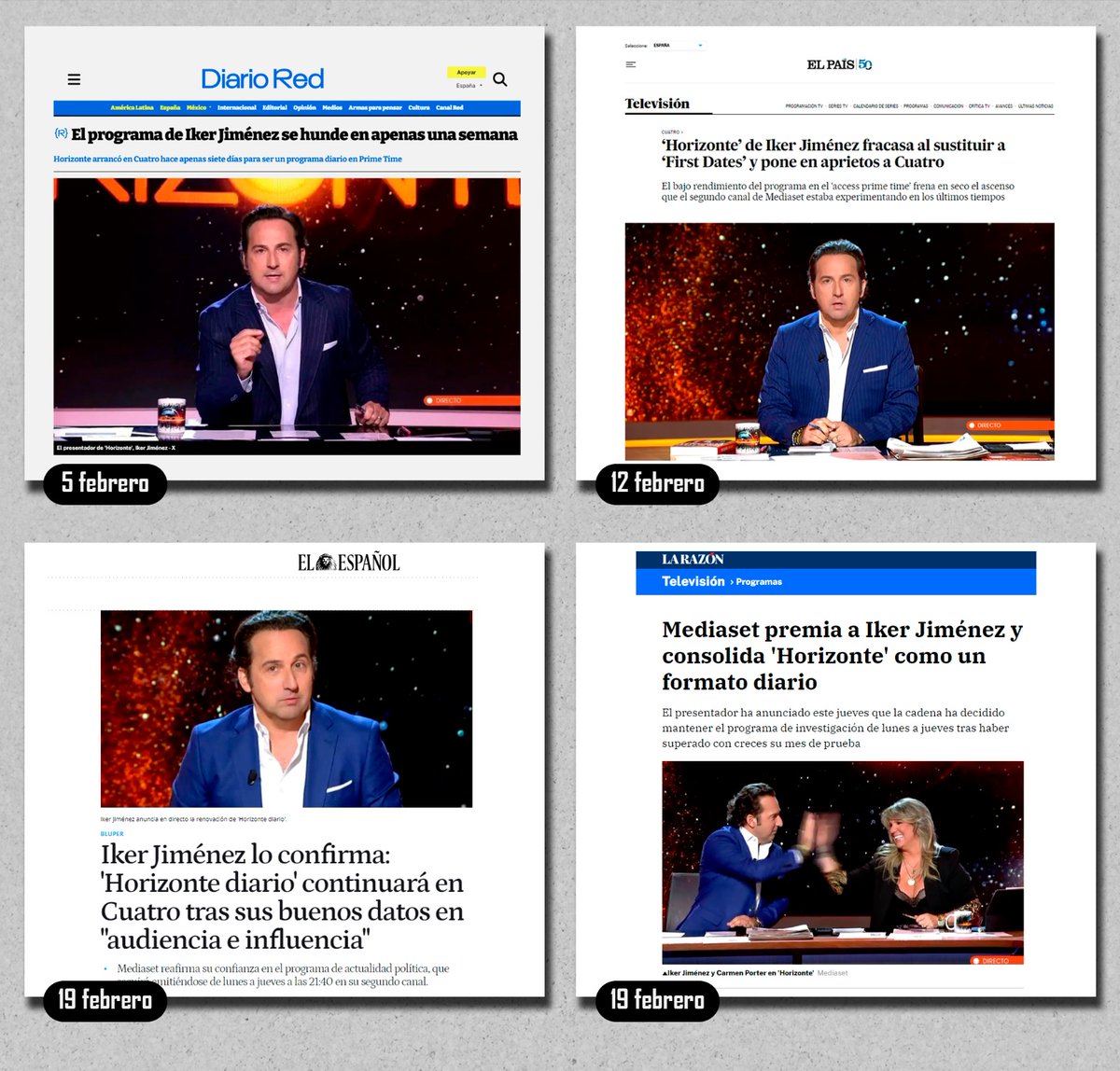 Después de la noticia de la renovación de #Horizonte en su formato diario os comparto unos titulares y una pregunta:  ¿<a href="/diario_red_/">Diario Red</a> y <a href="/elpais_espana/">EL PAÍS España</a> no tenían la información correcta o ignoraron la realidad de los hechos para crear un clima negativo en torno al programa? 
Os leo.