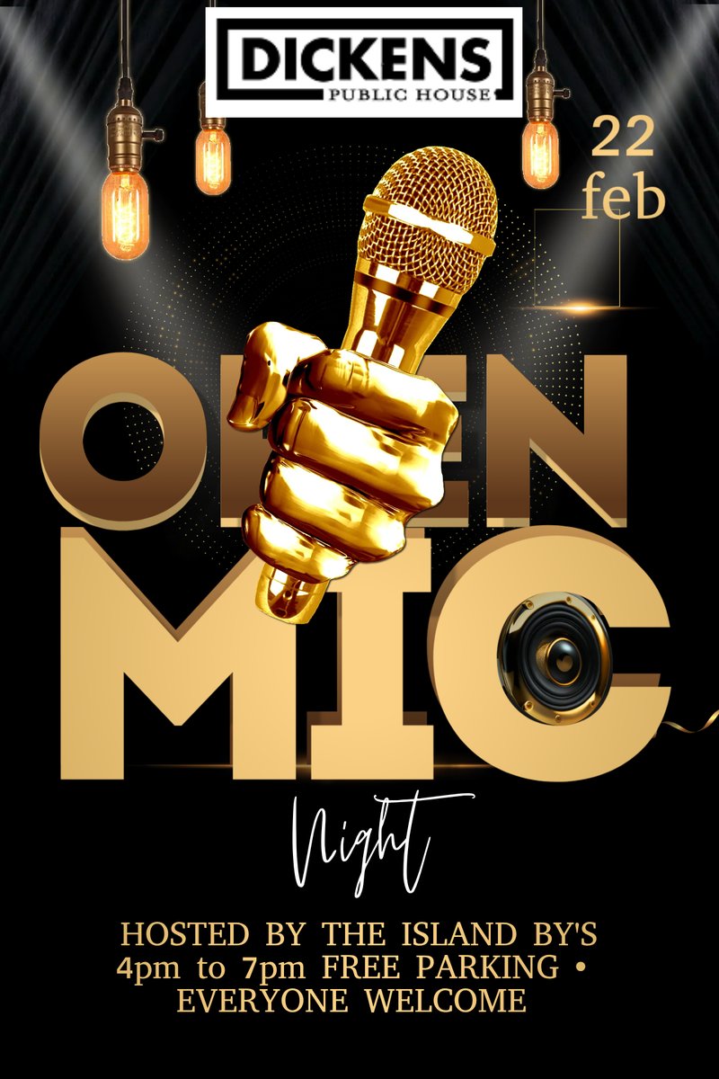 Join us for Open Mic Night on Sunday 22 February from 4pm to 7pm at The Dickens. Hosted by The Island By's with free parking. Everyone welcome! Bring your instrument and sign up to play! #OpenMic #LiveMusic #FreeEvent