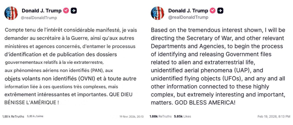 Nous y sommes 

Trump autorise la divulgation des informations sur les OVNI.